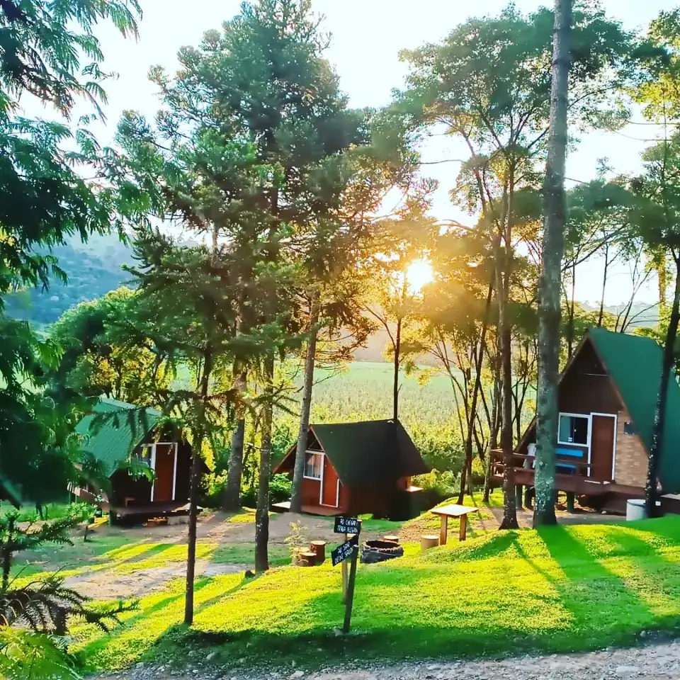 Sol do fim de tarde entre as araucárias, com os chalés de telhado verde no gramado e a serra ao fundo